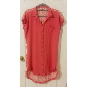 Umgee Pink Dotted Mixed Media Linen Blend High-Low Tunic/Shirt Dress Small